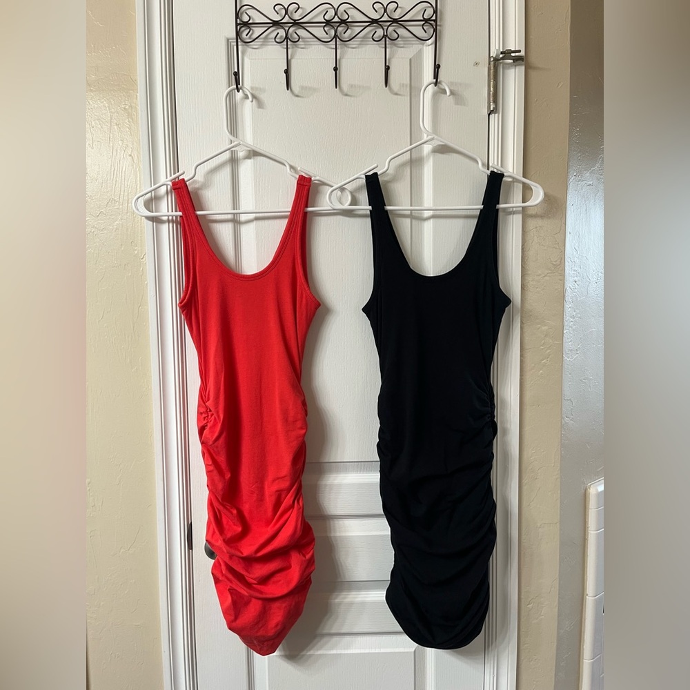 2- Express Black and Coral Sleeveless body-con dresses with side scrunches.